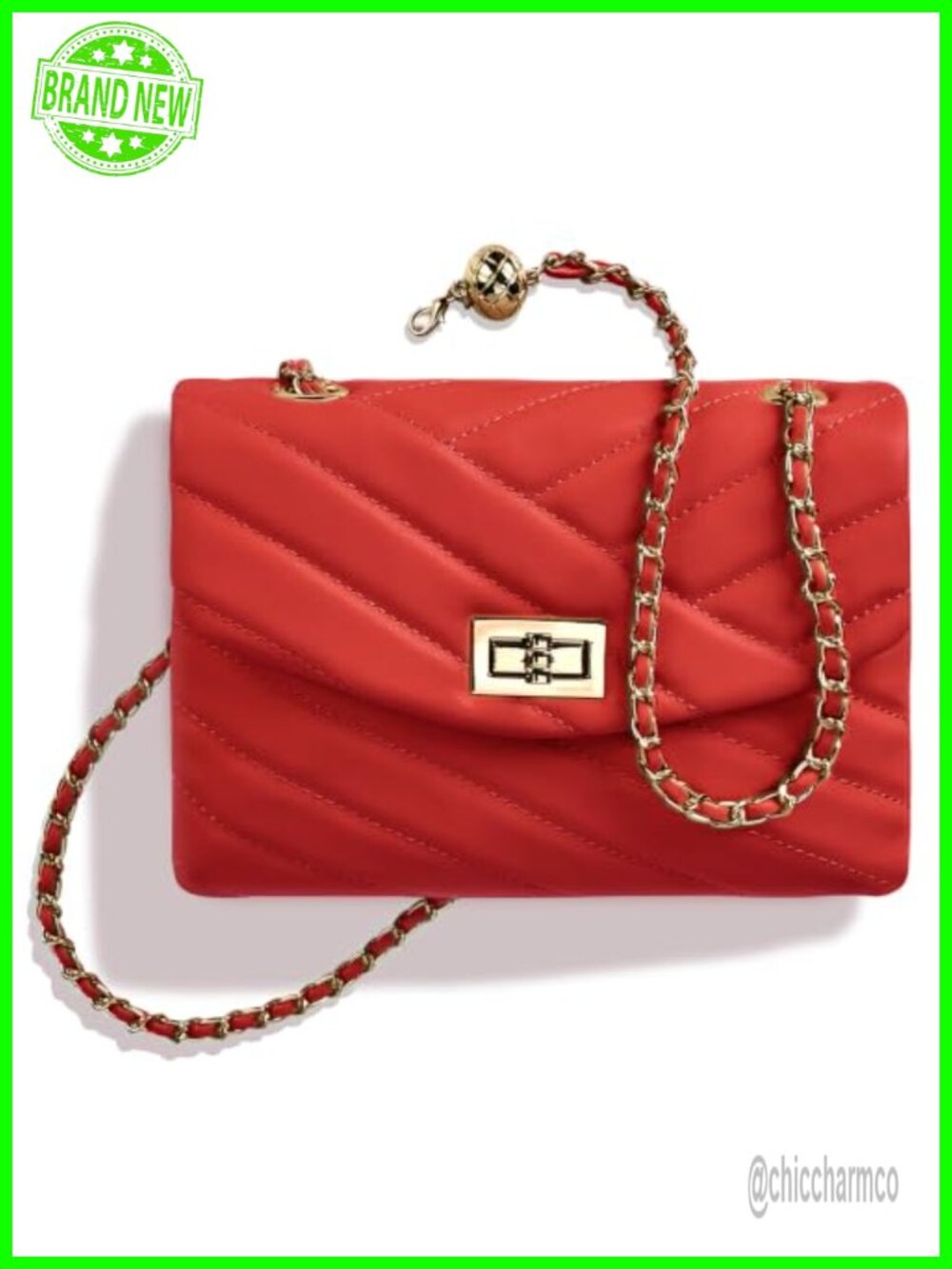 Quilted Faux Leather Crossbody Bag Adjustable Gold Chain Shoulder Handbag